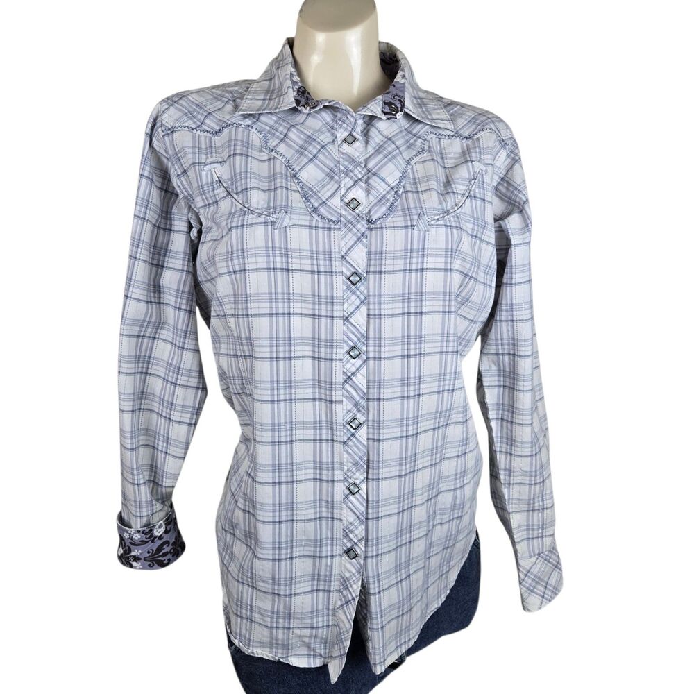 Ariat Pro Snap Button Shirt Womens L Plaid Long Sleeve White Purple Western